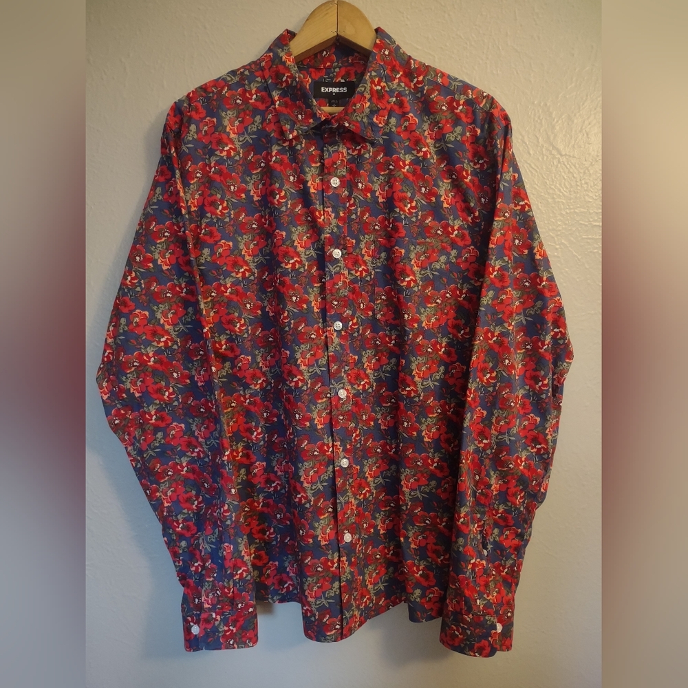 Express Men's Red Floral Button Down Shirt Size Large
